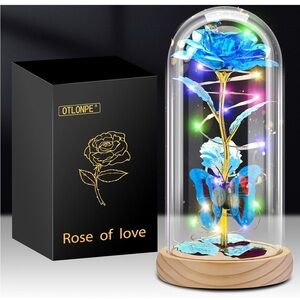 OTLONPE rose of love blue with wood base LED light up glass rose flower NEW